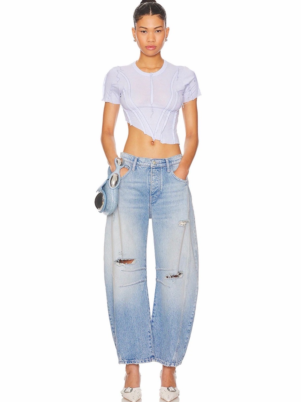 We The Free Good Luck Mid Rise Barrel Jeans in “Barnyard Blue”